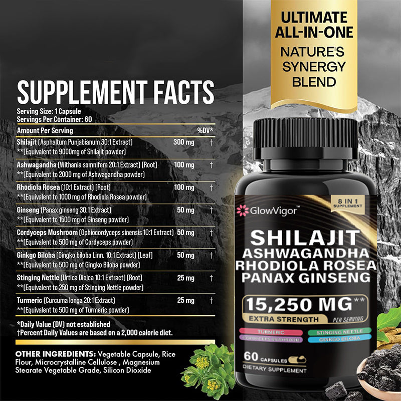 GlowVigor Shilajit Supplement | Panax Ginseng, Ashwagandha, Rhodiola, Turmeric & More for Energy & Wellness