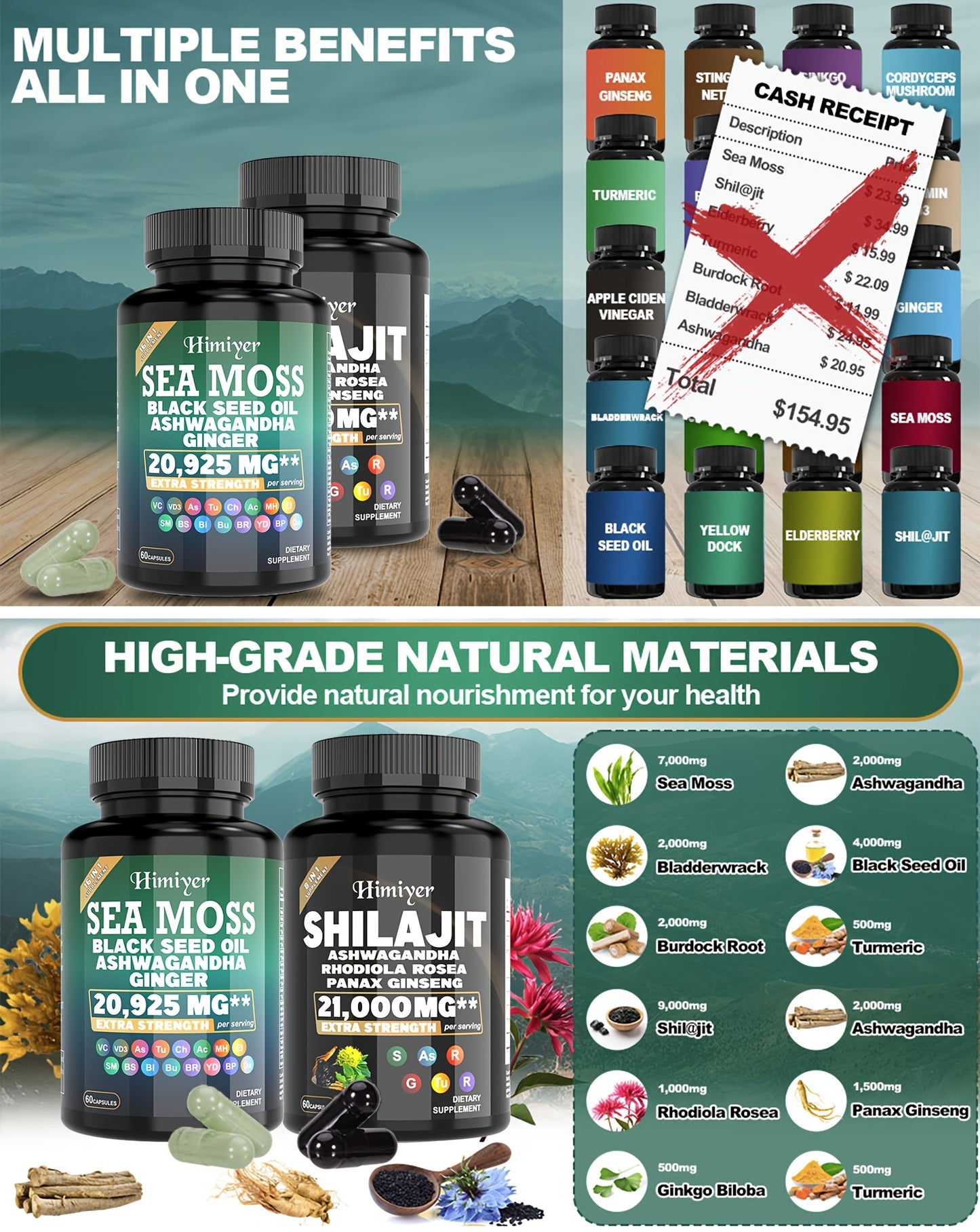 6-Pack Sea Moss & Shilajit Capsules – 7000mg Sea Moss, 9000mg Shilajit, 2000mg Ashwagandha | Complete Nutritional & Energy Support