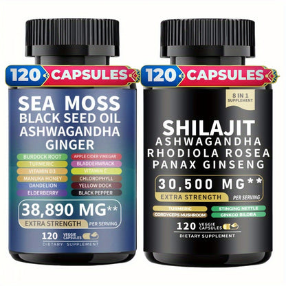 240/480 Capsules Sea Moss & Shilajit Supplement – Black Seed Oil, Ashwagandha, Ginger, Rhodiola Rosea & Panax Ginseng | Extra Strength for Energy & Focus