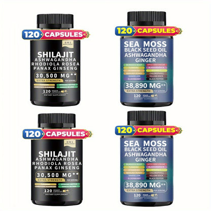 240/480 Capsules Sea Moss & Shilajit Supplement – Black Seed Oil, Ashwagandha, Ginger, Rhodiola Rosea & Panax Ginseng | Extra Strength for Energy & Focus