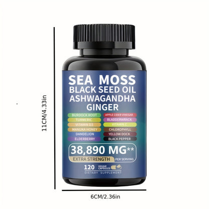 240/480 Capsules Sea Moss & Shilajit Supplement – Black Seed Oil, Ashwagandha, Ginger, Rhodiola Rosea & Panax Ginseng | Extra Strength for Energy & Focus