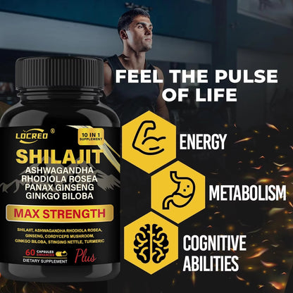 Shilajit Capsules with Ashwagandha | Extra Strength Dietary Supplement – 60 Capsules.