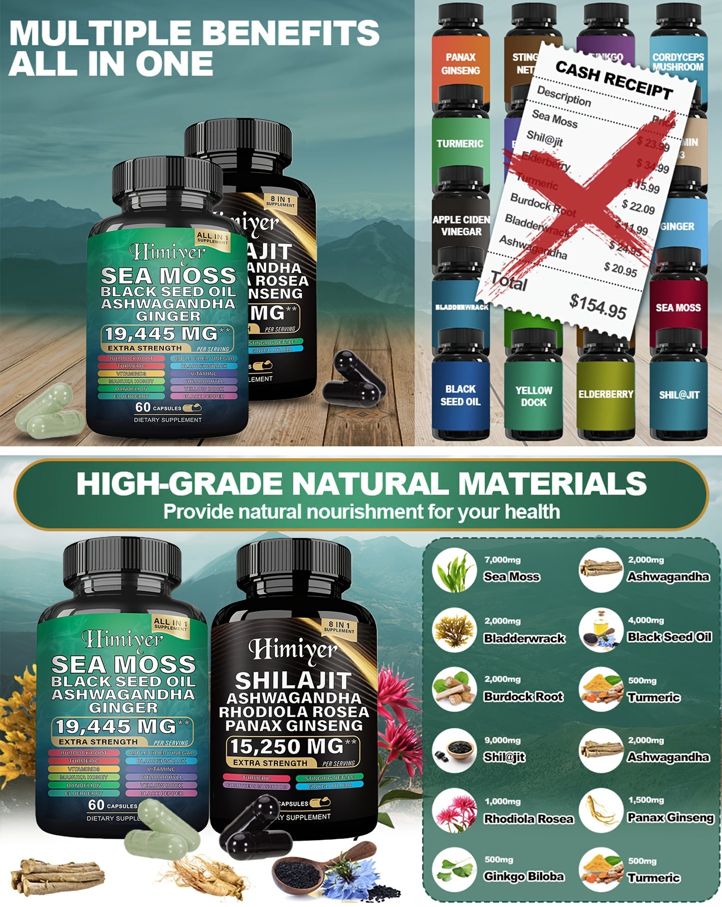 6-Pack Sea Moss & Shilajit Supplement – 7000mg Sea Moss, 9000mg Shilajit, 2000mg Ashwagandha | Complete Health Support for 3 Use Cycles