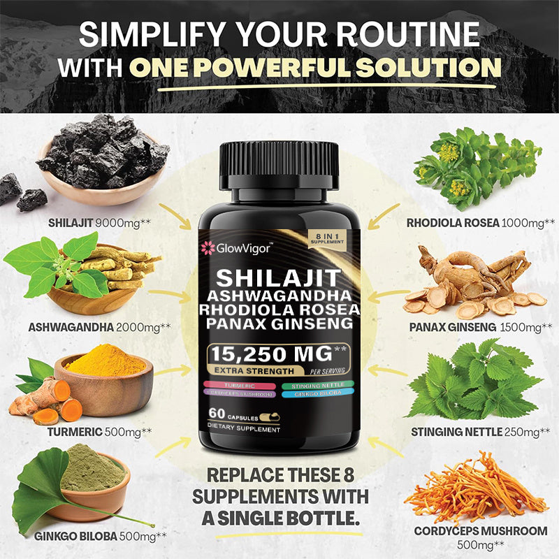 GlowVigor Shilajit Supplement | Panax Ginseng, Ashwagandha, Rhodiola, Turmeric & More for Energy & Wellness