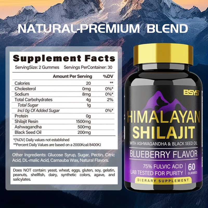 60pcs BSY Himalayan Shilajit Gummies – Ashwagandha & Black Seed Oil | High Potency Immune Support with 85+ Trace Minerals & 75%+ Fulvic Acid | Blueberry Flavor