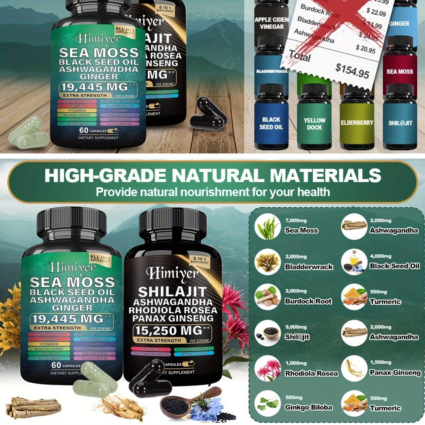 6-Pack Sea Moss & Shilajit Supplement – 7000mg Sea Moss, 9000mg Shilajit, 2000mg Ashwagandha | Complete Health Support for 3 Use Cycles