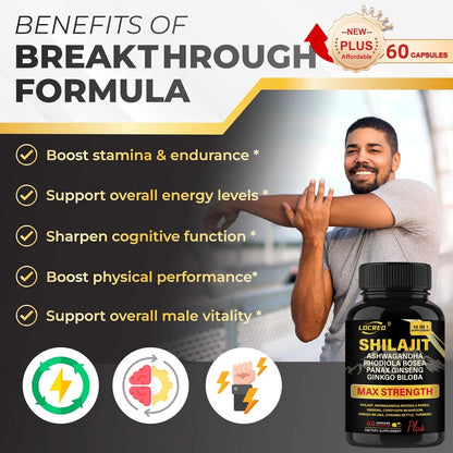 Shilajit Capsules with Ashwagandha | Extra Strength Dietary Supplement – 60 Capsules.