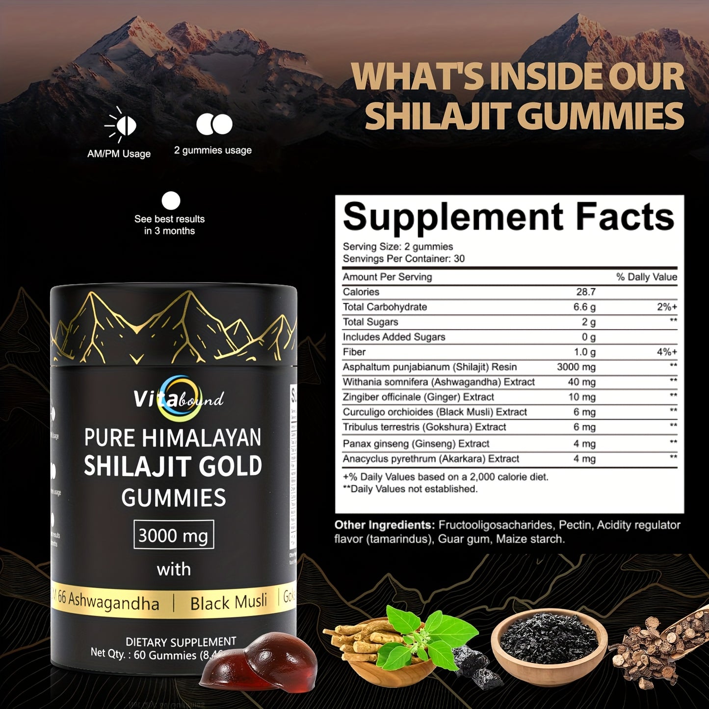 Vitabound Shila Gummies 3000 MG | 85+ Trace Elements | Energy & Relaxation | With Zinc, Aloe Vera, Black Fungus & Schisandra | 60 Gummies