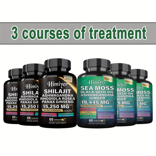 6-Pack Sea Moss & Shilajit Capsules – 7000mg Sea Moss, 9000mg Shilajit, 2000mg Ashwagandha | Complete Nutritional & Energy Support