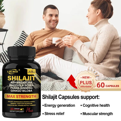 Shilajit Capsules with Ashwagandha | Extra Strength Dietary Supplement – 60 Capsules.