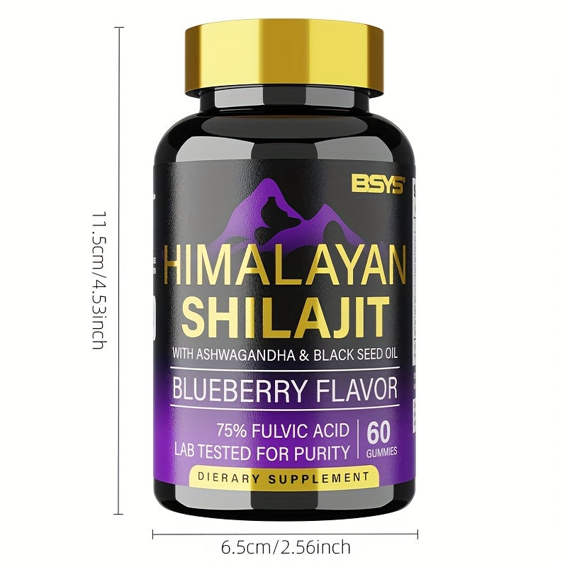 60pcs BSY Himalayan Shilajit Gummies – Ashwagandha & Black Seed Oil | High Potency Immune Support with 85+ Trace Minerals & 75%+ Fulvic Acid | Blueberry Flavor