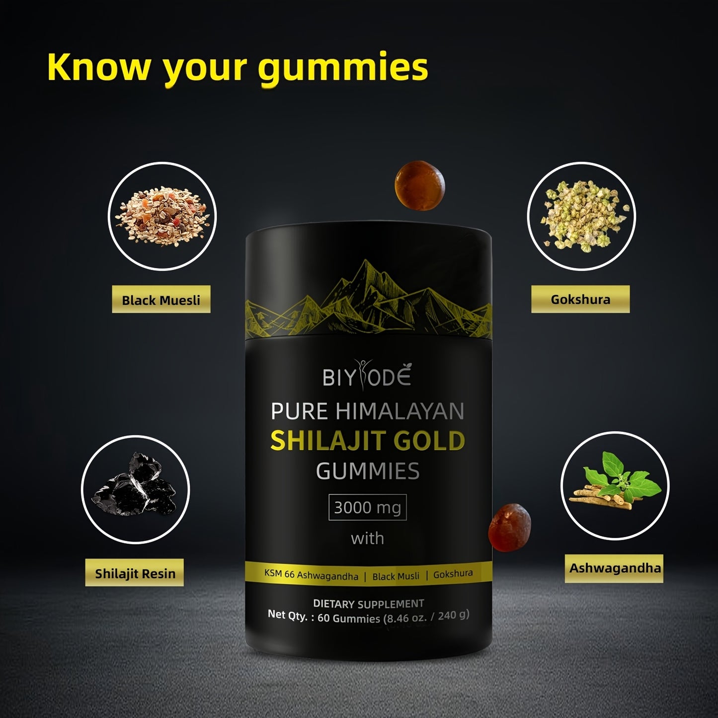 Pure Himalayan Shilajit Gummies | 85+ Minerals | KSM-66 Ashwagandha | No Added Sugar | Fulvic Acid 75%+ | Herbal Blend with Ginseng & Gokshura