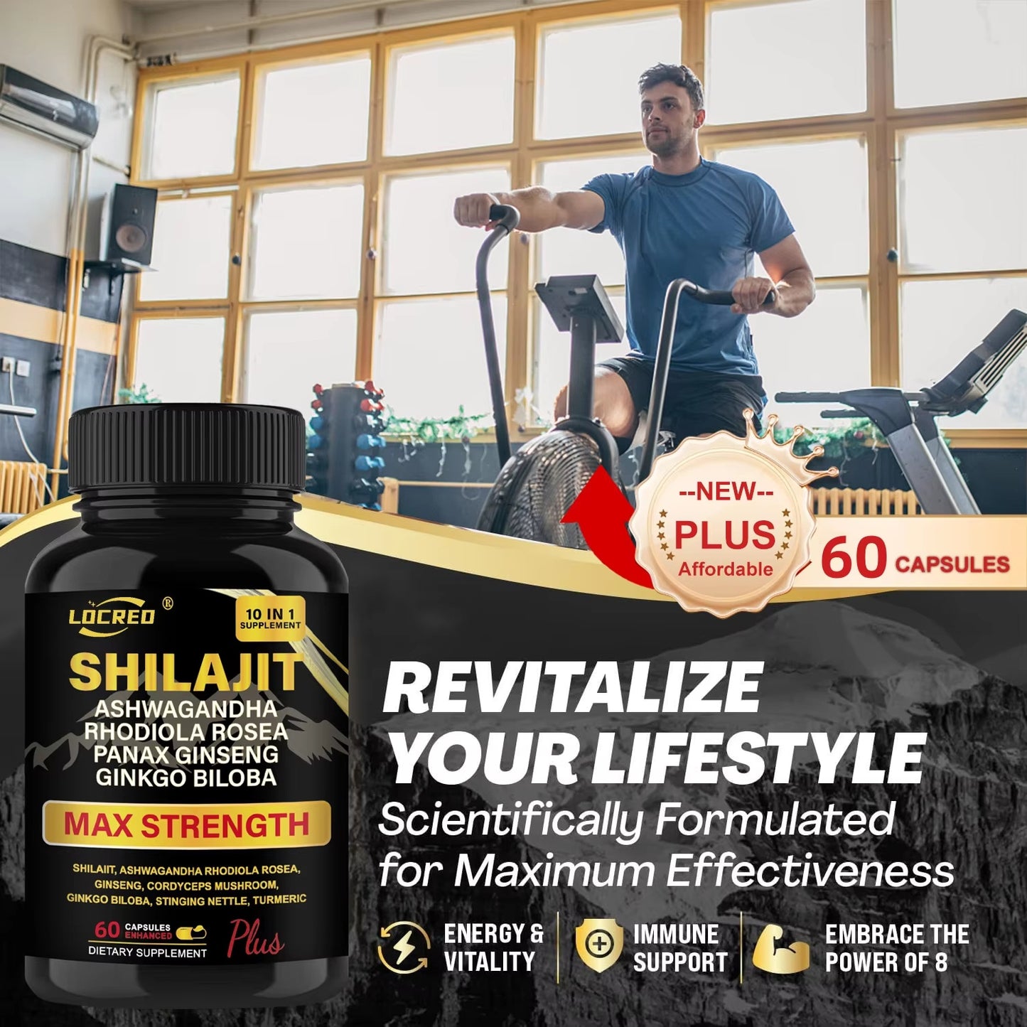 Shilajit Capsules with Ashwagandha | Extra Strength Dietary Supplement – 60 Capsules.