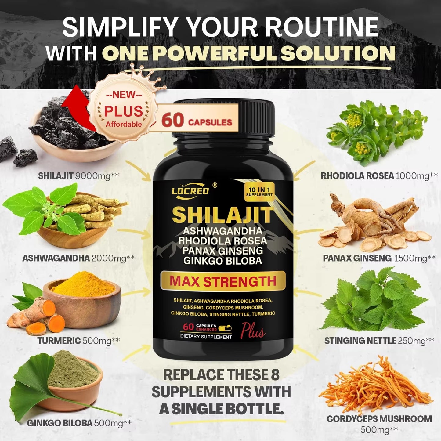 Shilajit Capsules with Ashwagandha | Extra Strength Dietary Supplement – 60 Capsules.