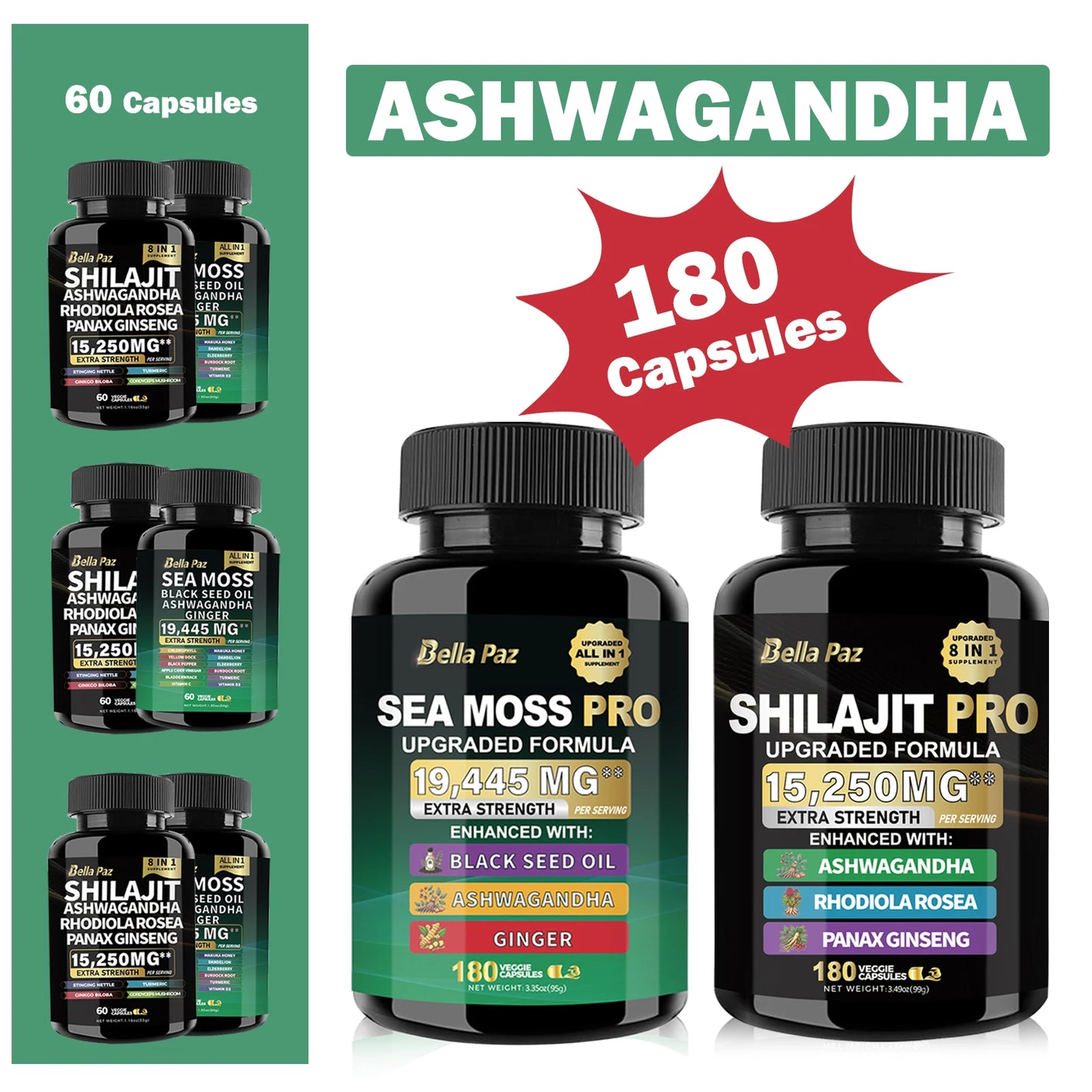 BellaPaz Ashwagandha Bundle: Sea Moss, Shilajit, Ginseng & More - 180 Count