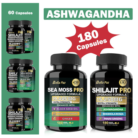 BellaPaz Ashwagandha Bundle: Sea Moss, Shilajit, Ginseng & More - 180 Count