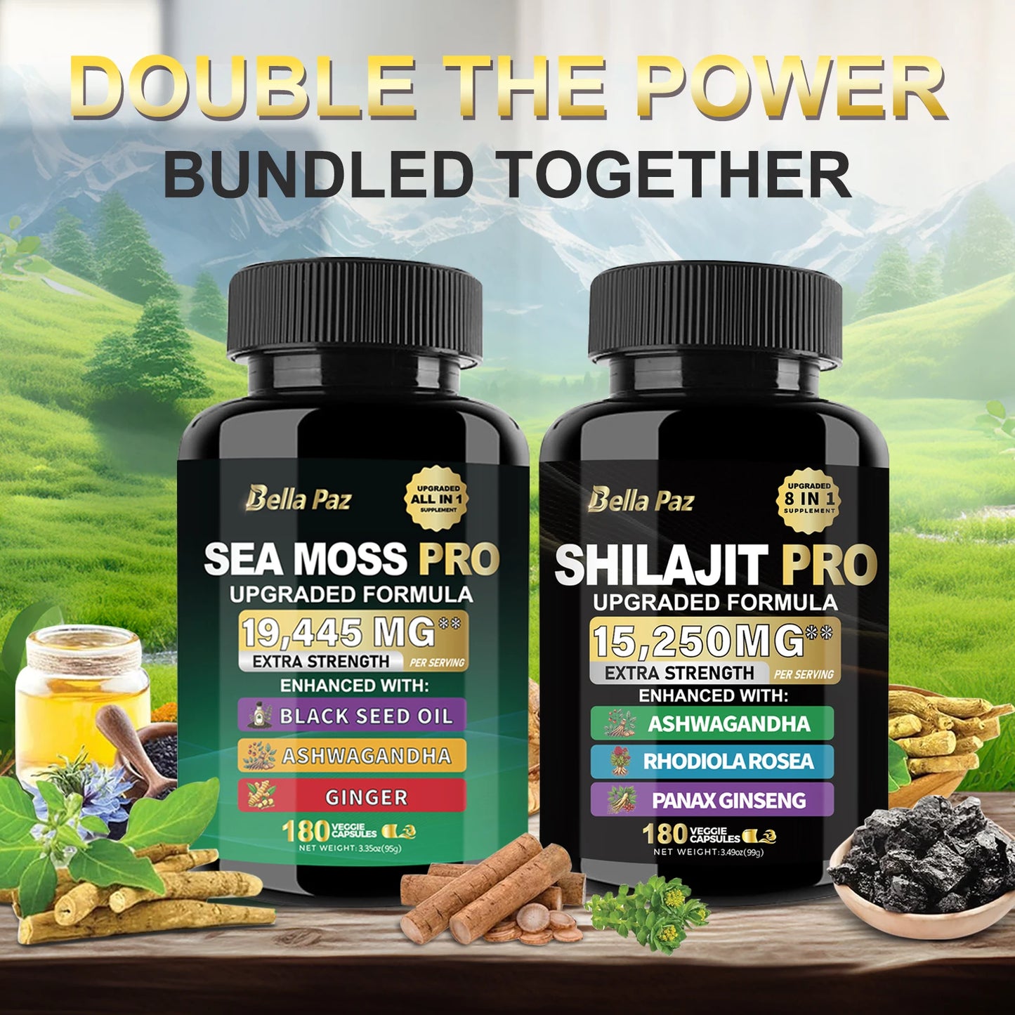 BellaPaz Ashwagandha Bundle: Sea Moss, Shilajit, Ginseng & More - 180 Count