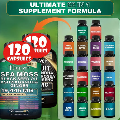 240 Capsules All-In-1 Supplement – Sea Moss, Black Seed Oil, Ashwagandha, Ginger, Shilajit, Rhodiola Rosea & Panax Ginseng for Energy & Wellness