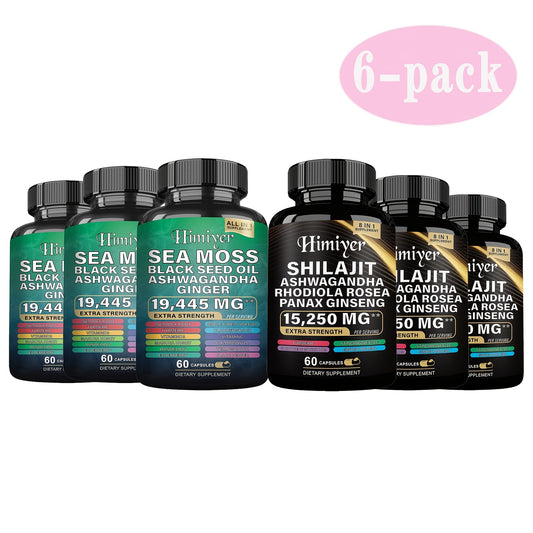 6-Pack Sea Moss & Shilajit Supplement – 7000mg Sea Moss, 9000mg Shilajit, 2000mg Ashwagandha | Complete Health Support for 3 Use Cycles