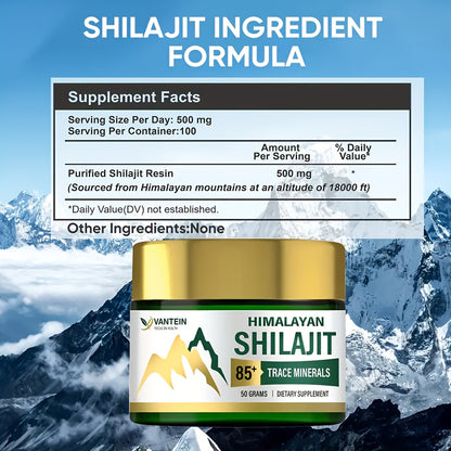 VANTAIN Himalayan Shilajit Supplement – 85% Trace Minerals, Pure Charagi Resin, 50g Jar with Golden Lid | Promotes Health & Wellness for Men and Women