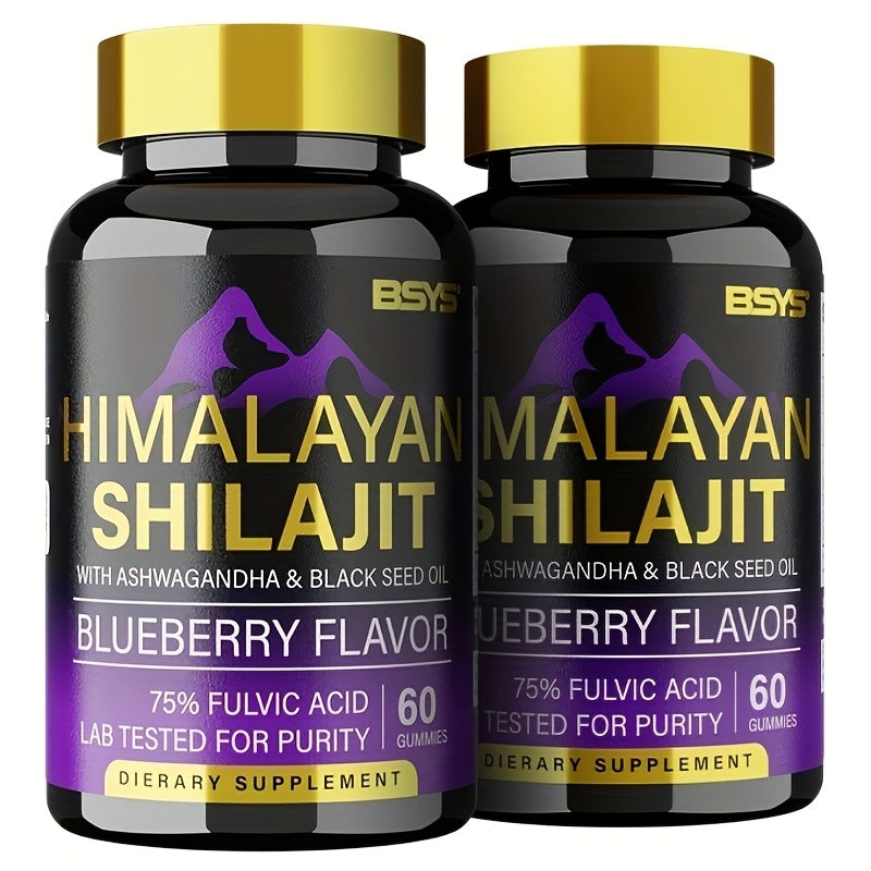 60pcs BSY Himalayan Shilajit Gummies – Ashwagandha & Black Seed Oil | High Potency Immune Support with 85+ Trace Minerals & 75%+ Fulvic Acid | Blueberry Flavor