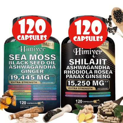 240 Capsules All-In-1 Supplement – Sea Moss, Black Seed Oil, Ashwagandha, Ginger, Shilajit, Rhodiola Rosea & Panax Ginseng for Energy & Wellness